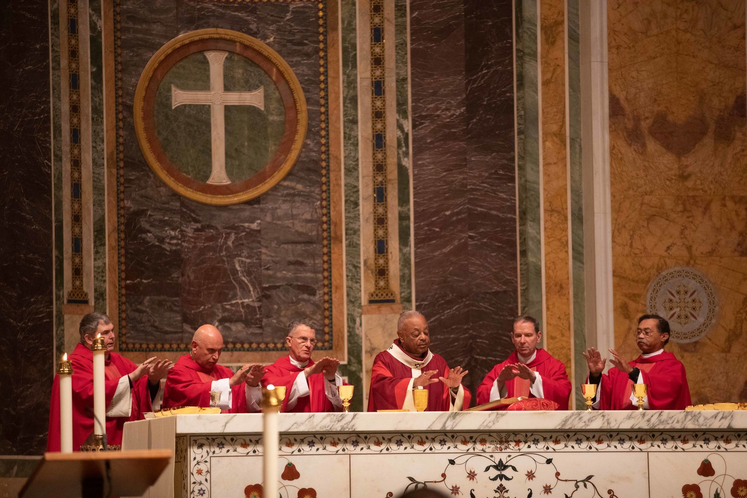 Washington Archbishop Wilton D. Gregory celebrates the annual Red Mass at St. Matthew’s Cathedral Oct. 6, 2019. Other concelebrants were Washington Auxiliary Bishops Michael Fisher and Mario Dorsonville, and Archbishop Timothy P. Broglio of the U.S. Archdiocese for the Military Services, Bishop Michael F. Burbidge of Arlington, Va., and Washington Auxiliary Bishop Roy E. Campbell.